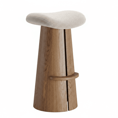 A modern bar stool featuring a tapered wooden base and an upholstered saddle-shaped seat. The base appears to be constructed from multiple vertical wooden slats or panels, creating a subtly textured and robust foundation. An integrated, curved wooden footrest is positioned on one side of the base. The seat is covered in a light, textured fabric, complementing the natural wood tone. — 3D model (AI enhanced source)