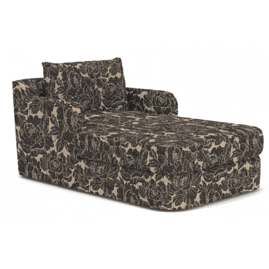 A contemporary chaise lounge upholstered in a dark floral pattern on a light beige background, featuring a single armrest and a loose back cushion. — 3D model (AI enhanced source)