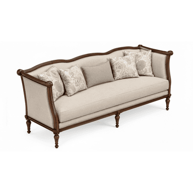 A traditional style sofa featuring an exposed dark wood frame with elegant curves and turned legs, upholstered in a light beige fabric, and accompanied by decorative throw pillows. — 3D model (AI enhanced source)