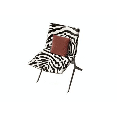 A modern lounge chair with a distinctive zebra print upholstery and a contrasting solid color throw pillow. The chair features a sleek, minimalist frame made of dark metal, with thin legs that splay outwards for stability. The seat and back are integrated, forming a continuous surface upholstered in a black and white zebra pattern. A small, square throw pillow in a reddish-brown hue is placed on the seat. — 3D model (AI enhanced source)