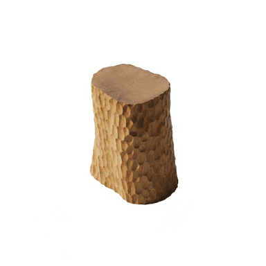 A compact, solid wood side table featuring a distinctive hand-carved, textured surface on its cylindrical body and a smooth, flat top, revealing the natural wood grain. The carving gives it an organic, chiseled appearance. — 3D model (AI enhanced source)