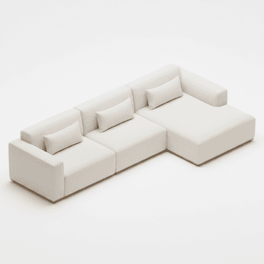 A cream-colored, modern modular sectional sofa composed of multiple units, including a chaise lounge. The sofa features a low profile, straight lines, block arms, and is upholstered in a textured fabric. It is accompanied by matching rectangular throw pillows. — 3D model (AI enhanced source)