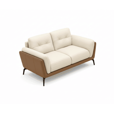 A contemporary two-seater sofa featuring a clean, minimalist design. The main body and seat/back cushions are upholstered in a light cream or off-white material, likely leather or faux leather. The back cushions have subtle horizontal tufting. The distinctive armrests and lower frame are accented with a contrasting brown material, creating a two-tone aesthetic. The sofa is supported by slender, tapered black metal legs. — 3D model (AI enhanced source)