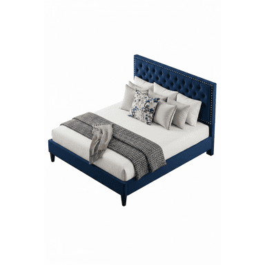A contemporary upholstered platform bed featuring a tall headboard and side rails covered in deep navy velvet fabric. The headboard is adorned with deep button tufting and outlined with silver nailhead trim. The bed frame rests on dark, tapered wooden feet. — 3D model (AI enhanced source)