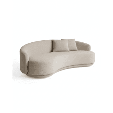 A modern curved sofa upholstered in a light beige boucle fabric, featuring a continuous, low-slung backrest and armrests, resting on a recessed plinth base. It includes two matching square accent cushions. — 3D model (AI enhanced source)