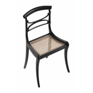 A classic black bentwood dining chair featuring a steam-bent wooden frame, a natural woven cane seat, and a distinctive backrest with twisted, curved spindles and a broad top rail. The chair stands on four subtly curved legs, typical of traditional bentwood construction. — 3D model (AI enhanced source)