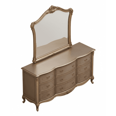 An opulent, highly ornate dresser and mirror set, finished in a uniform champagne gold color. The dresser features a curved front facade with multiple drawers, decorative pulls, and stands on scrolled cabriole legs. The accompanying mirror is framed with elaborate, rococo-style carvings. — 3D model (AI enhanced source)