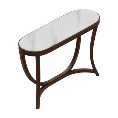 An elegant modern console table featuring an elongated oval white marble top and a dark wood sculptural base with curved supports. — 3D model (AI enhanced source)