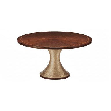 A sophisticated round dining table featuring a dark wood top with a distinctive radial veneer pattern and a thin inlaid lighter wood border. The table is supported by a single, substantial pedestal base that flares out at the bottom. The base has a textured, wave-like pattern and a metallic gold finish, resting on a dark, flat circular plinth. — 3D model (AI enhanced source)