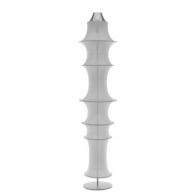 A tall, slender modern floor lamp featuring a series of stacked, hourglass-shaped diffusers in a translucent white or off-white material. The lamp has a minimalist design with a visible internal structure supporting the multiple tiered shades, which gently taper inwards and outwards. It is mounted on a flat, circular silver-toned base, providing stability. The overall form creates a sculptural, vertical accent. — 3D model (AI enhanced source)