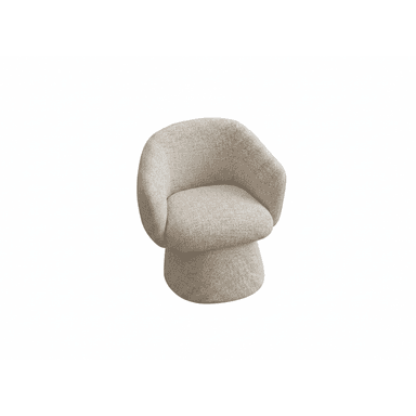 A contemporary barrel-shaped swivel accent chair, fully upholstered in a light beige or cream textured fabric. The chair features a rounded back and seat that merge seamlessly, resting on a cylindrical, fully upholstered base that conceals a swivel mechanism. The design is compact and modern, suitable for various interior settings. — 3D model (AI enhanced source)
