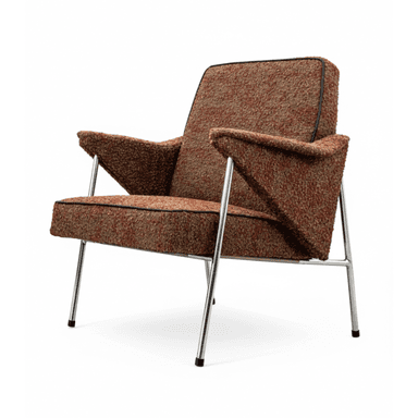 A Mid-Century Modern lounge chair featuring a textured, reddish-brown fabric upholstery with black piping details. The chair is supported by a slender, polished chrome frame that forms the legs and extends to support the wide, upholstered armrests. The seat and backrest are well-padded, providing a comfortable, relaxed posture. The design emphasizes clean lines and a minimalist profile, characteristic of the mid-20th century aesthetic. — 3D model (AI enhanced source)