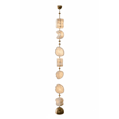 A tall, vertically oriented chandelier featuring multiple tiers of irregularly shaped diffusers made of a translucent material, interspersed with metallic elements, all suspended from a central rod. — 3D model (AI enhanced source)