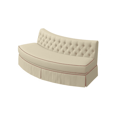 A curved tufted sofa with a pleated skirt and red piping along the cushion and skirt edges. — 3D model (AI enhanced source)