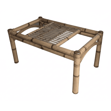 A rectangular low table constructed from natural bamboo culms and rattan, featuring a central slatted surface and open sections on its top. — 3D model (AI enhanced source)
