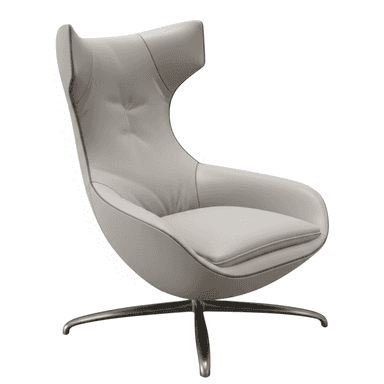 A modern, light grey upholstered lounge chair featuring a high back with integrated armrests and a sculptural shell form, supported by a polished four-star swivel metal base. The upholstery shows subtle tufting on the backrest. — 3D model (AI enhanced source)