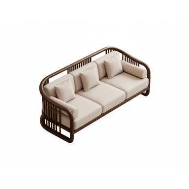 A modern three-seater sofa featuring a distinctive dark wood frame and light-colored upholstered cushions. The frame is characterized by its curved top rail and vertical slat design on the back and sides, extending to form the armrests. The sofa includes three seat cushions, three back cushions, and two cylindrical bolster cushions for the arms, all in a neutral cream or off-white fabric. — 3D model (AI enhanced source)