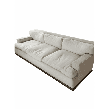 A three-seater sofa with a low profile and deep seating. It features generously filled seat and back cushions, and padded armrests. The base of the sofa is a dark, rectangular plinth, contrasting with the light upholstery. — 3D model (AI enhanced source)