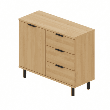 A modern, light wood-look credenza featuring one cabinet door and three drawers, supported by black cylindrical legs and equipped with integrated black handle pulls. — 3D model (AI enhanced source)