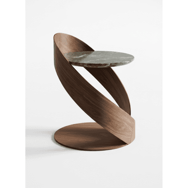A contemporary accent table featuring a sculptural, spiraling walnut wood base and a round, polished dark green marble tabletop. The base forms a continuous ribbon-like structure, emanating from a flat circular base and elegantly curving upwards to support the marble top. — 3D model (AI enhanced source)