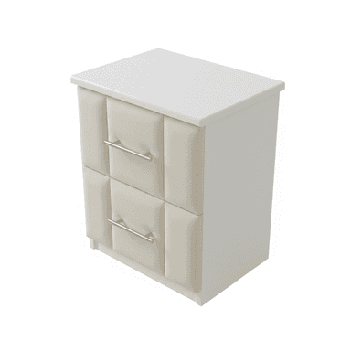 A modern two-drawer nightstand featuring upholstered cream-colored drawer fronts and a white frame with a matching top. — 3D model (AI enhanced source)