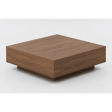 A minimalist, square coffee table constructed from wood veneer, featuring a low-profile design and a recessed plinth base that creates a floating effect. The table exhibits a medium-brown wood grain finish. — 3D model (AI enhanced source)