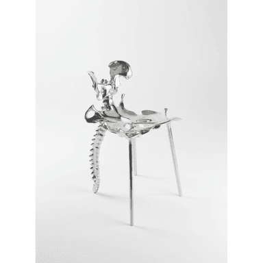 A unique chair with a design inspired by skeletal anatomy. The seat and backrest appear to be sculpted in the form of pelvic bones and a spine, while the legs are slender and metallic. The overall finish is highly reflective, giving it a polished metallic appearance. — 3D model (AI enhanced source)