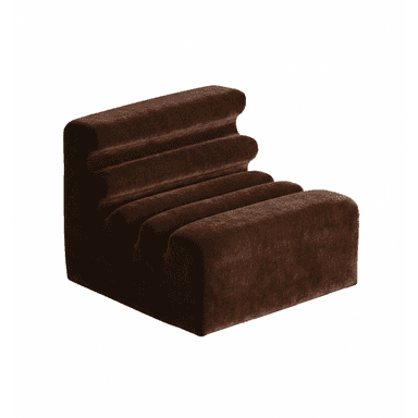 A low-profile, armless lounge chair upholstered in dark brown velvet or similar plush fabric, featuring a distinctive ribbed design on its backrest and seat. The chair has a sculptural, block-like form, with horizontal ridges creating a wave-like contour. It appears new and designed for comfort and aesthetic appeal in a contemporary setting. — 3D model (AI enhanced source)