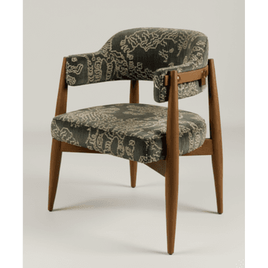 An upholstered armchair with a wooden frame, featuring a dark teal velvet fabric with a light-colored abstract pattern. The chair has tapered wooden legs and integrated upholstered armrests. — 3D model (AI enhanced source)