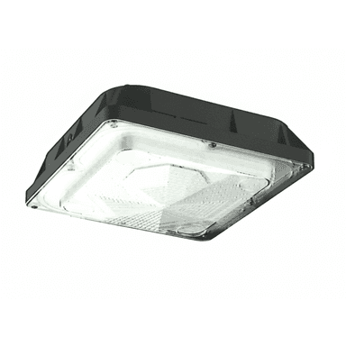 A square-shaped industrial LED high bay fixture, designed for efficient and widespread illumination. It features a robust dark gray or black housing and a clear, textured diffuser with a faceted interior pattern to optimize light distribution. — 3D model (AI enhanced source)