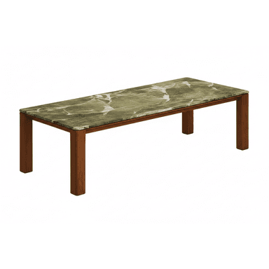 A rectangular console table featuring a richly veined green marble top supported by a sturdy wooden frame and four straight, rectangular legs. — 3D model (AI enhanced source)