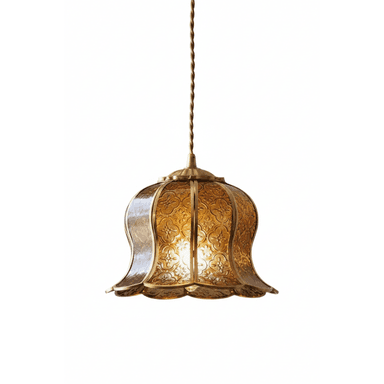 A vintage-style pendant light featuring a bell-shaped shade crafted from embossed amber glass panels set within a brass frame. The glass panels display an intricate floral or geometric pattern. The bottom edge of the shade is scalloped, and it is suspended by a twisted, braided cord. — 3D model (AI enhanced source)