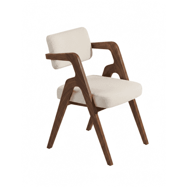 A stylish mid-century modern inspired dining armchair featuring a dark walnut-stained solid wood frame with distinct curved arms and tapered legs. The seat and backrest are upholstered in a light, textured off-white fabric, providing a comfortable and elegant seating solution. — 3D model (AI enhanced source)