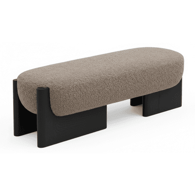 An elongated, pill-shaped bench featuring a textured boucle fabric upholstery in a neutral beige/taupe color. The bench is supported by two substantial, C-shaped or U-shaped legs made of dark-stained wood, creating a modern and minimalist aesthetic. — 3D model (AI enhanced source)