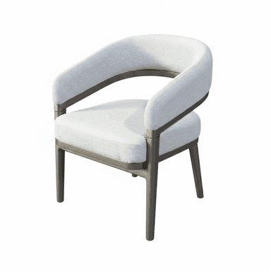 A modern upholstered club chair featuring a light gray fabric seat and a continuous, curved backrest and armrest section. This upholstered component is integrated into a distinct dark gray or bronze-colored exposed frame, which also forms the chair's four tapered legs. The design emphasizes clean lines and a contemporary aesthetic. — 3D model (AI enhanced source)
