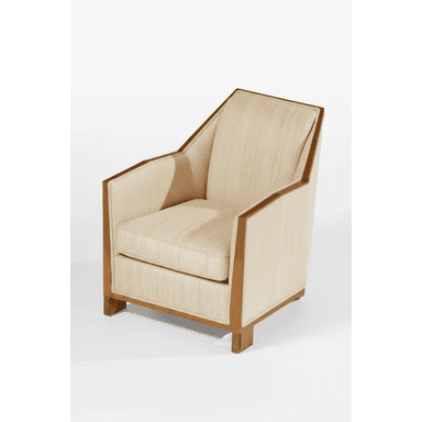 An upholstered armchair featuring a prominent exposed wooden frame along the armrests and base. The upholstery is a light, textured fabric, likely a linen or similar blend, in a cream or off-white color. The chair has a geometric, streamlined design with squared feet, indicative of early 20th-century modernism or Art Deco styles. It includes a loose seat cushion and a fixed back cushion. — 3D model (AI enhanced source)