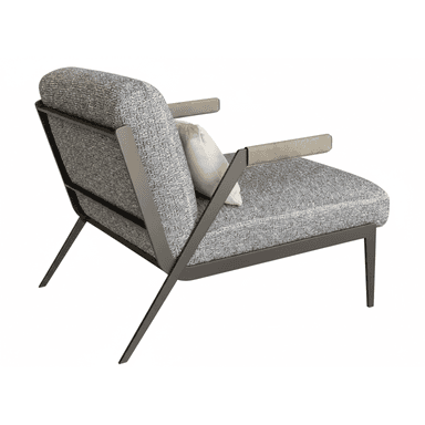 A modern lounge chair featuring a dark grey open metal frame, upholstered in a speckled grey fabric. It has wide, comfortable cushions for the seat and back, and light grey leather or faux leather armrest pads. A small, light-colored decorative pillow rests on the seat. — 3D model (AI enhanced source)