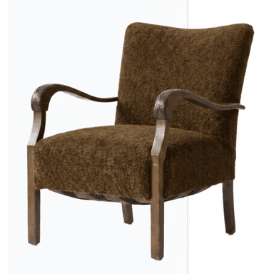 An upholstered armchair featuring a rich, dark brown, shaggy fabric upholstery on the seat and back, contrasted with an exposed dark wood frame. The wooden armrests display distinctive carved leaf or scroll motifs at their front curves, transitioning into straight, square-profile legs. The overall design suggests a vintage aesthetic. — 3D model (AI enhanced source)
