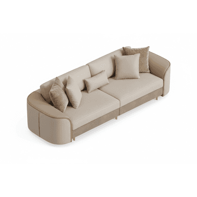 A modern two-piece sectional sofa featuring a modular design with rounded arms and a two-tone upholstery scheme. The main seating and back cushions are a light beige fabric, while the base and outer arm sections are a slightly darker brown fabric or faux leather, accented by a lighter piping detail. Several decorative throw pillows in coordinating colors and textures are included. The sofa rests on short, discreet gold-finished metal legs. — 3D model (AI enhanced source)