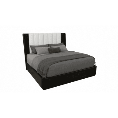 A modern platform bed featuring a two-tone upholstered design. The headboard has vertical channel tufting in white, flanked by solid black upholstered wings. The low-profile bed frame is also upholstered in black, providing a cohesive and sleek aesthetic. The bed is presented with gray bedding, including a duvet, pillows, and a throw blanket. — 3D model (AI enhanced source)