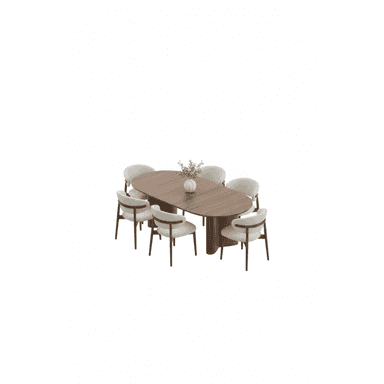 A modern dining set featuring an oval wooden pedestal table accompanied by six contemporary dining chairs with wooden frames and light-colored upholstered seats and backs. A small decorative vase with greenery is placed on the table. — 3D model (AI enhanced source)