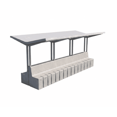 A long, minimalist public seating unit constructed primarily from precast concrete, featuring an integrated backrest and a cantilevered concrete canopy. The seating surface is subtly divided into individual sections, some of which are marked with alphanumeric identifiers 'A1', 'A2' and numbers '1' through '10'. The canopy is supported by several slender, upright metal pillars. The overall design is modern and utilitarian, with a monochromatic gray finish. — 3D model (AI enhanced source)