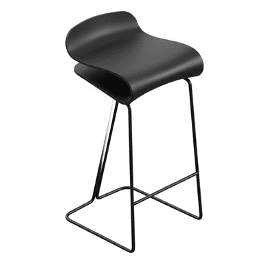 A modern black bar stool with a distinctive, flowing seat that curves upwards at the edges. The seat appears to be a single molded piece. The stool has a slim, black metal frame with four legs connected by a crossbar near the bottom for stability. The legs are angled outwards. — 3D model (AI enhanced source)
