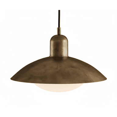 A close-up view of a single pendant light featuring a distressed or aged brass finish. The light has a dome-shaped metal shade, which is wider at the bottom, and a spherical opal glass diffuser protruding from its base. It is suspended by a simple black electrical cord attached to a cylindrical brass cap at the top of the shade. The overall design suggests a blend of industrial and contemporary aesthetics, emphasizing simplicity and material texture. — 3D model (AI enhanced source)