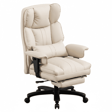 A modern high-back office chair upholstered in cream-colored padded faux leather, featuring adjustable armrests, a lumbar support pillow, a retractable footrest, and a five-star swivel base with casters. — 3D model (AI enhanced source)