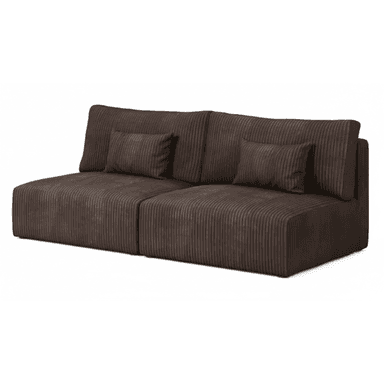 A contemporary modular two-seater sofa featuring dark brown corduroy upholstery. The sofa consists of two individual, armless seat modules joined together, each with a separate backrest cushion and a small rectangular throw pillow. The design is low-profile and has a distinct ribbed texture characteristic of corduroy fabric. — 3D model (AI enhanced source)