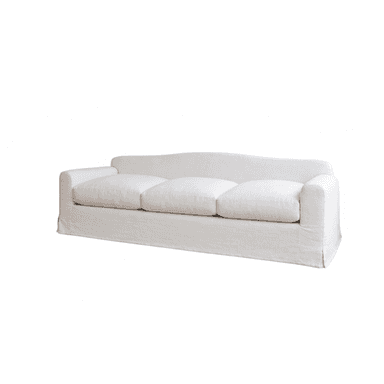 A white, three-seater sofa featuring a relaxed slipcover design. It has a gently curved backrest, classic rolled arms, and three individual seat cushions. The full-length slipcover drapes to the floor, giving it a casual and inviting appearance. — 3D model (AI enhanced source)