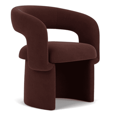 A contemporary, fully upholstered accent chair featuring a unique, sculptural design. The chair is monochromatic in a rich dark red-brown fabric, with a continuous, curved form that integrates the backrest, armrests, and base into a single, cohesive unit. The seat is a distinct, cushioned block seemingly nestled within the wider, U-shaped main structure. — 3D model (AI enhanced source)