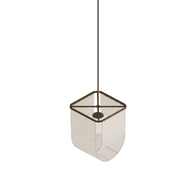 A modern pendant light featuring a geometric metal frame in a dark finish, encasing a softly curved, off-white fabric shade. The design allows for an exposed light source, creating a warm, diffused glow within a clean, architectural structure. — 3D model (AI enhanced source)