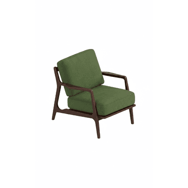 A stylish armchair featuring an exposed dark wood frame and comfortable olive green fabric upholstered cushions. The chair exhibits a mid-century modern aesthetic with clean lines, angled armrests, and slightly tapered legs. — 3D model (AI enhanced source)